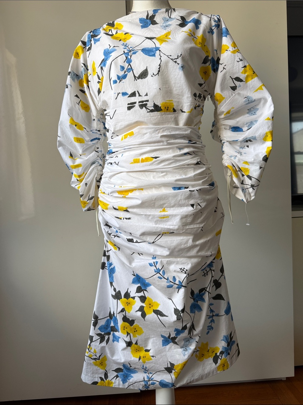 Salvador Ferragamo White Floral Ruched Midi Dress with Yellow & Blue
